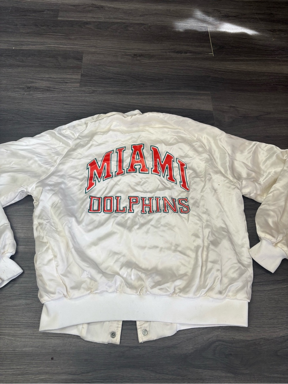 Vintage Miami Dolphins Chalkline White Satin Bomber Jacket Button Up Grail Med